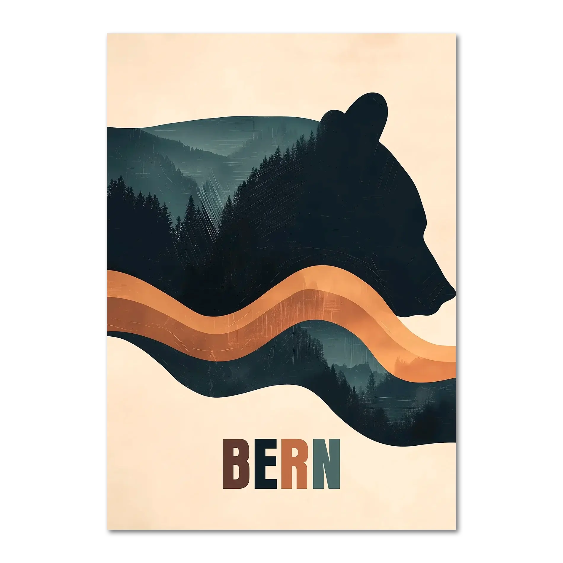Spirit of Nature - Poster featuring a bear silhouette with forested hills in earthy tones.