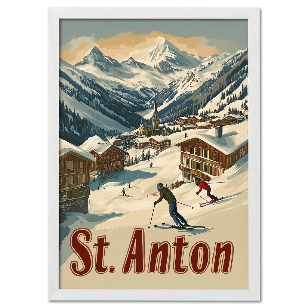 St. Anton - Alpine - Poster showcasing skiers in a cozy alpine village with chalets and snowy mountains.