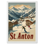 St. Anton - Alpine - Poster showcasing skiers in a cozy alpine village with chalets and snowy mountains.