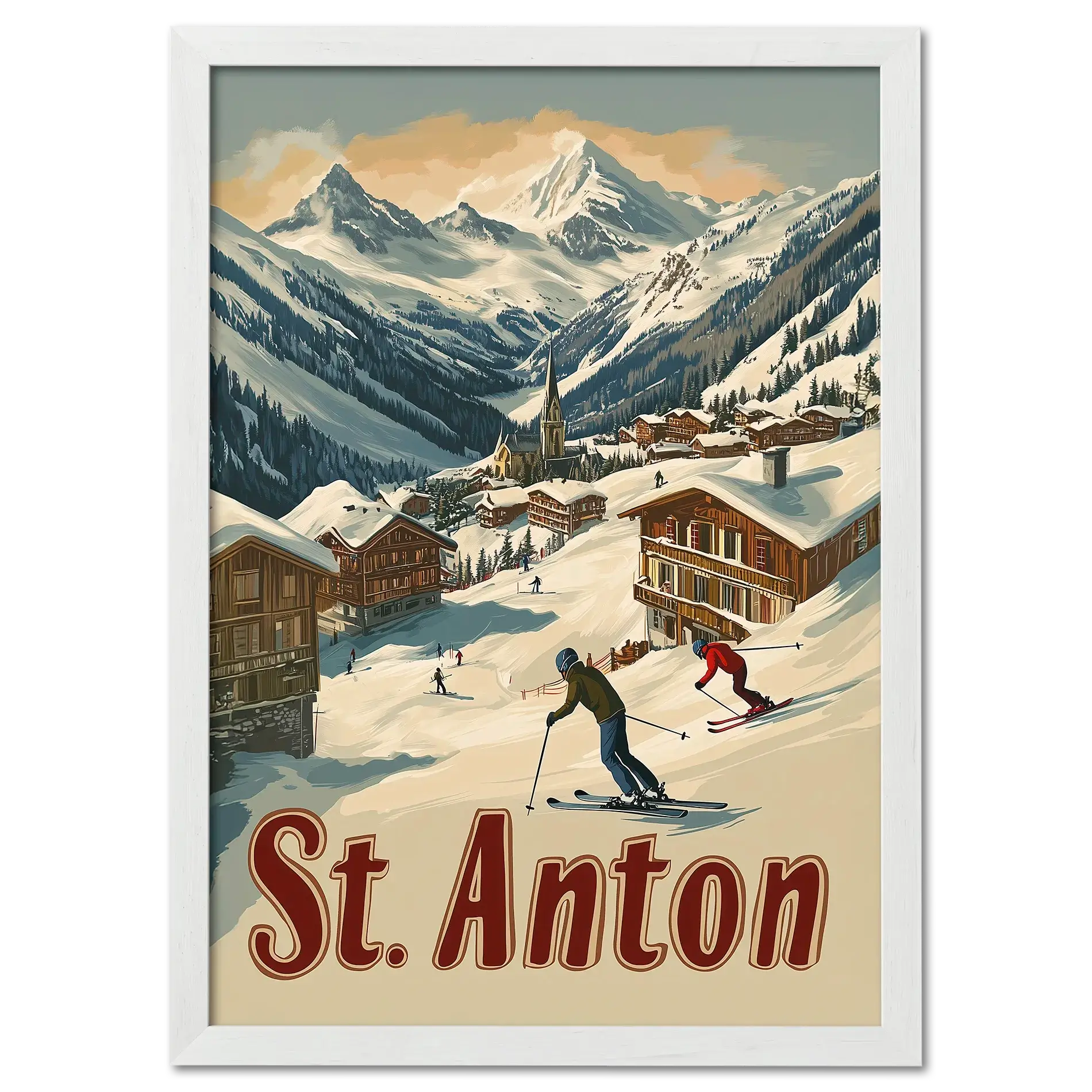St. Anton - Alpine - Poster showcasing skiers in a cozy alpine village with chalets and snowy mountains.