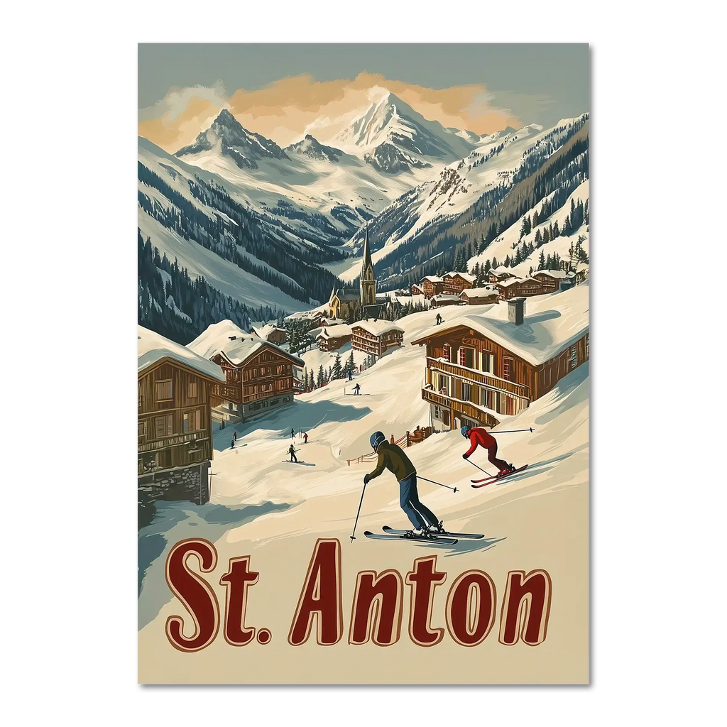 St. Anton - Alpine - Poster featuring skiers in a snowy village with chalets and mountains in the background.