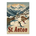 St. Anton - Alpine - Poster featuring skiers in a snowy village with chalets and mountains in the background.