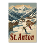 St. Anton - Alpine - Poster featuring skiers in a snowy village with chalets and mountains in the background.