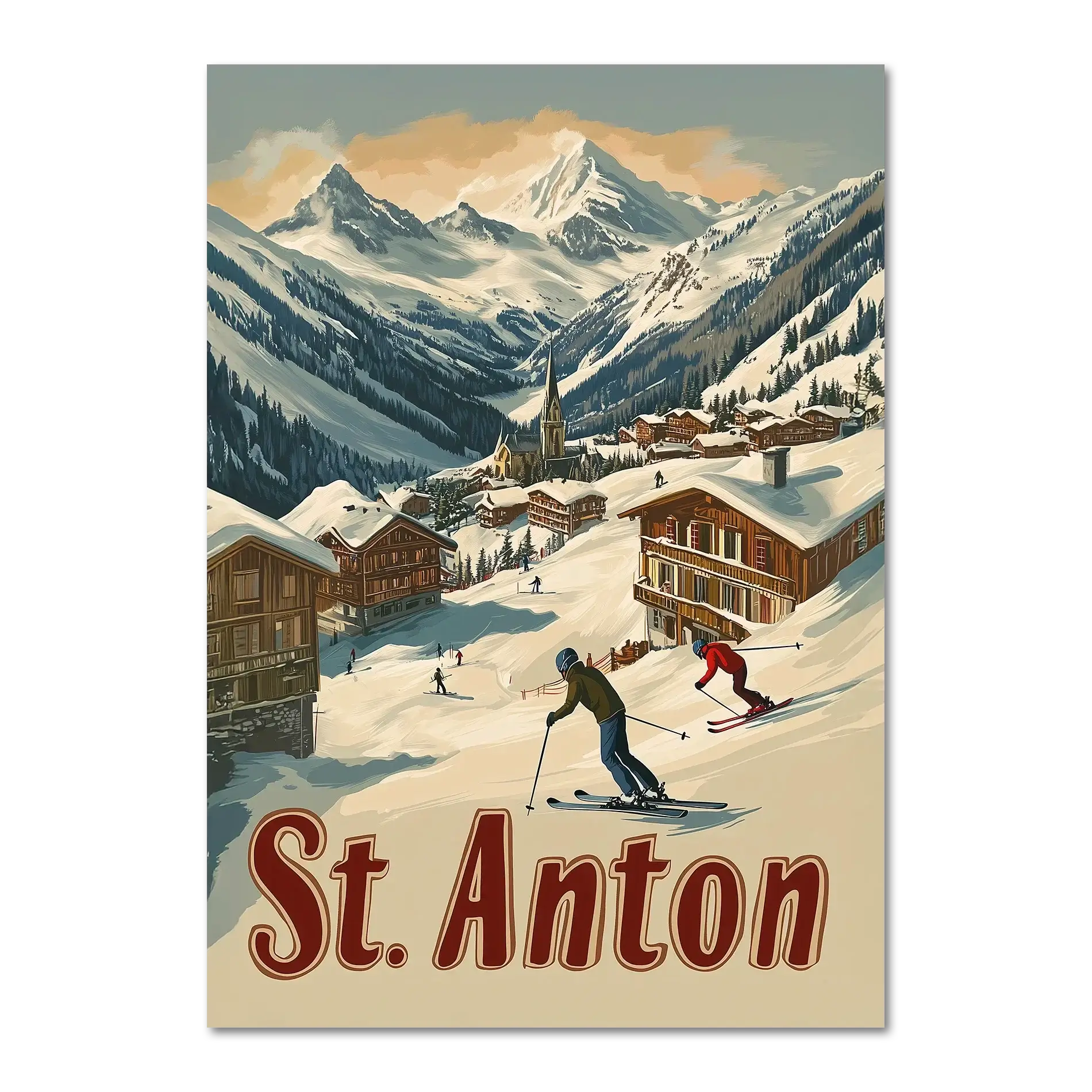 St. Anton - Alpine - Poster featuring skiers in a snowy village with chalets and mountains in the background.