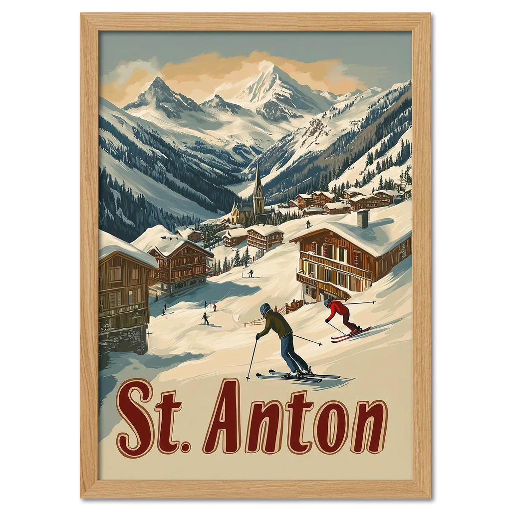 St. Anton - Alpine - Poster depicting skiers in a snowy village surrounded by chalets and mountains.