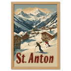 St. Anton - Alpine - Poster depicting skiers in a snowy village surrounded by chalets and mountains.