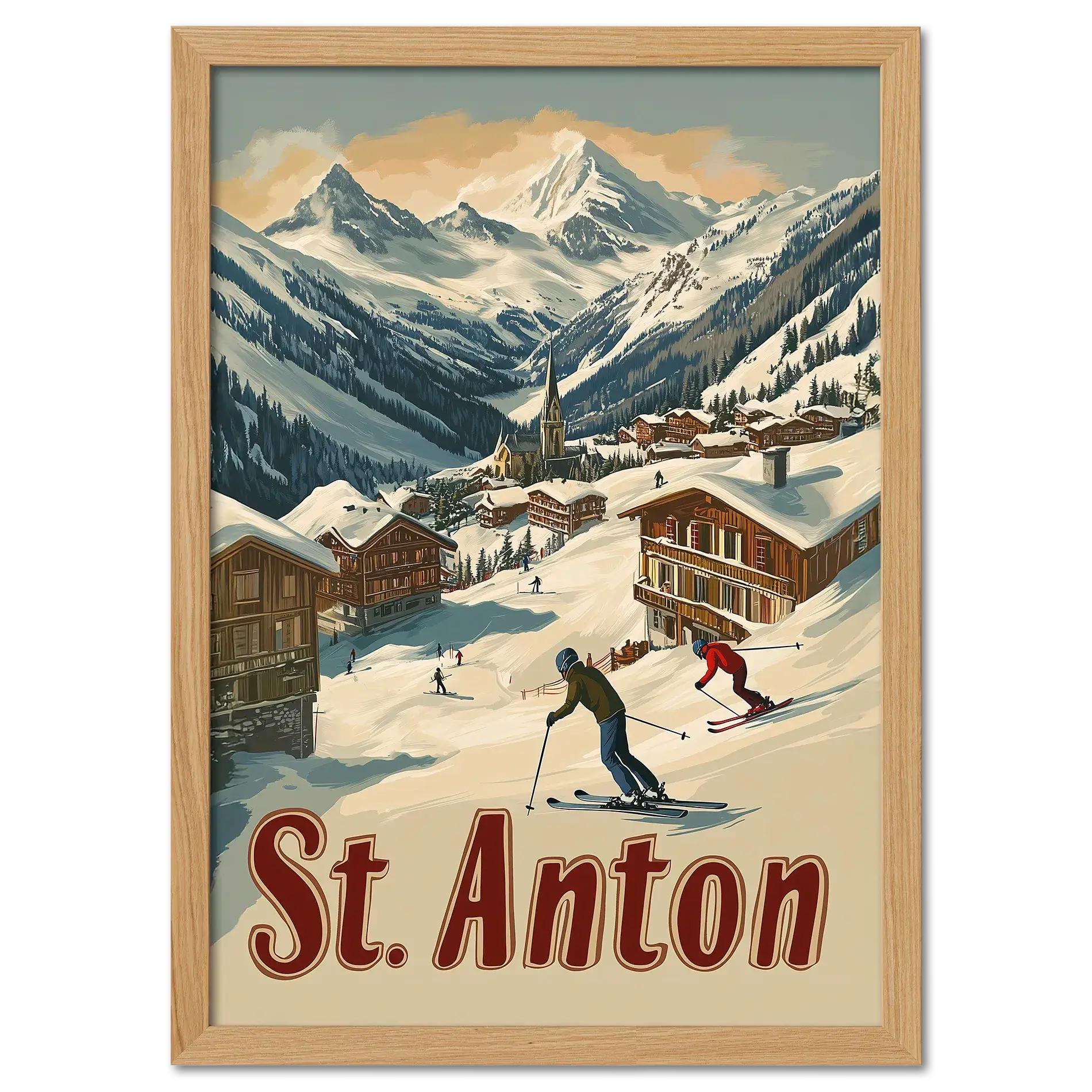 St. Anton - Alpine - Poster depicting skiers in a snowy village surrounded by chalets and mountains.