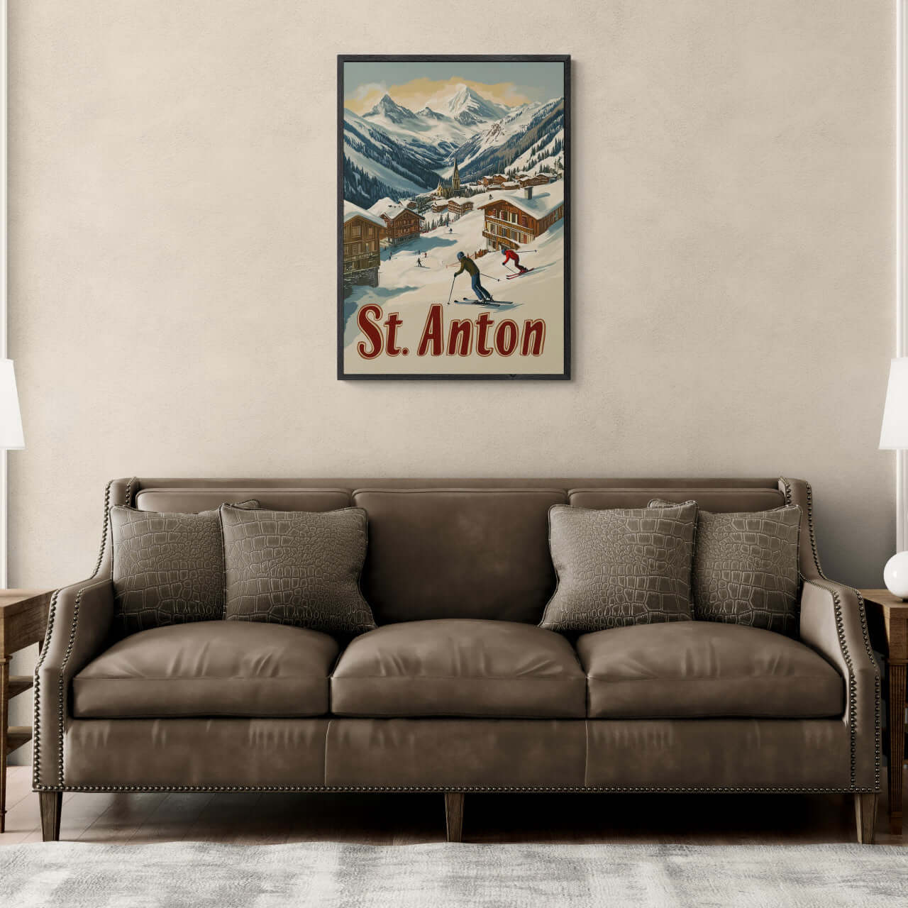 St. Anton - Alpine - Poster displayed above a cozy brown sofa in a modern living room, showcasing skiers in a snowy village.
