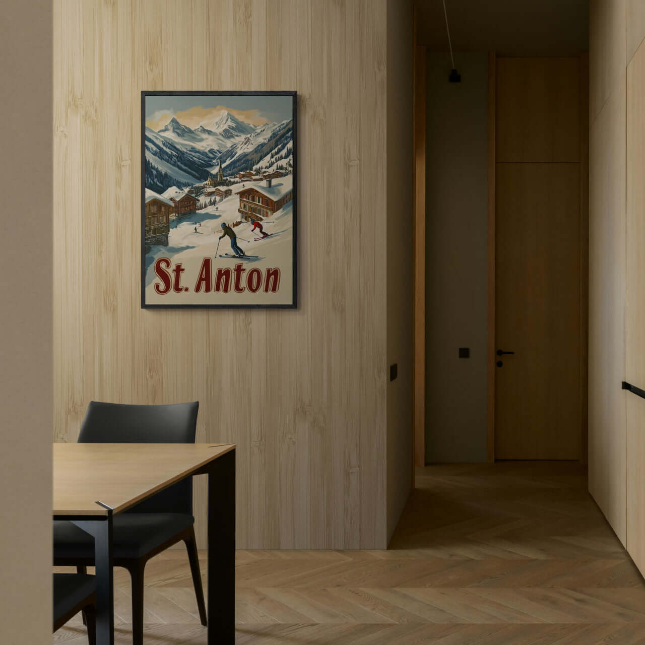 St. Anton - Alpine - Poster displayed in a modern interior, showcasing skiers in a cozy alpine village.