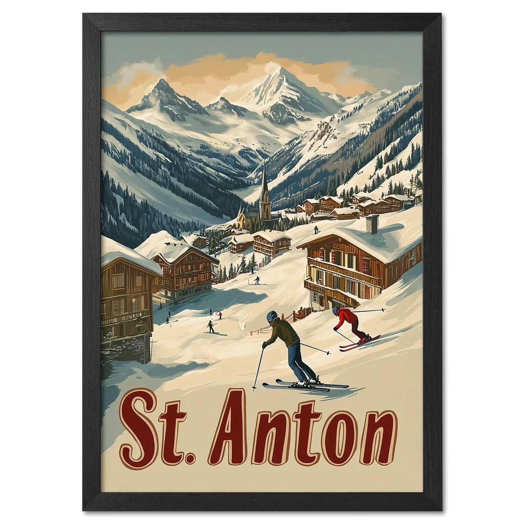 St. Anton - Alpine - Poster depicting skiers in a snowy alpine village with wooden chalets and mountain peaks.