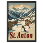 St. Anton - Alpine - Poster depicting skiers in a snowy alpine village with wooden chalets and mountain peaks.