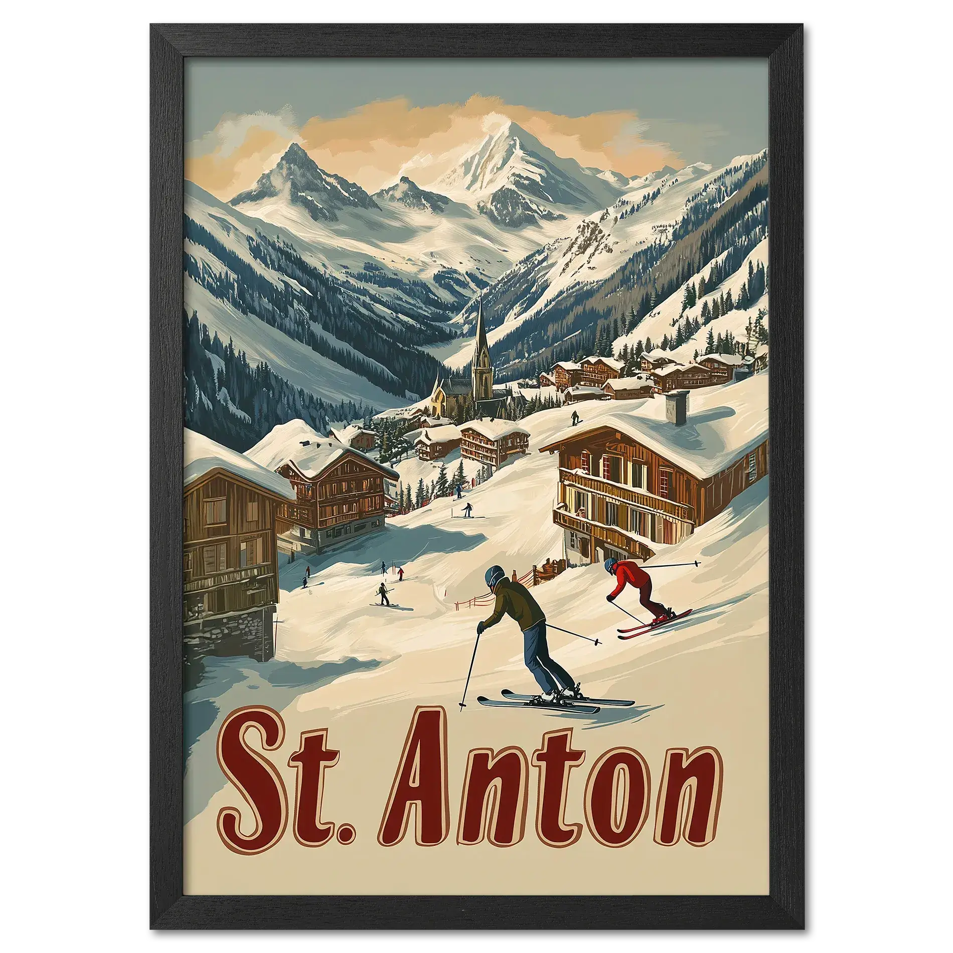 St. Anton - Alpine - Poster depicting skiers in a snowy alpine village with wooden chalets and mountain peaks.