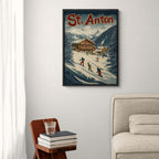 St. Anton Escape - Poster featuring skiers on a snowy slope with chalets and mountains, ideal wall art for modern interiors.