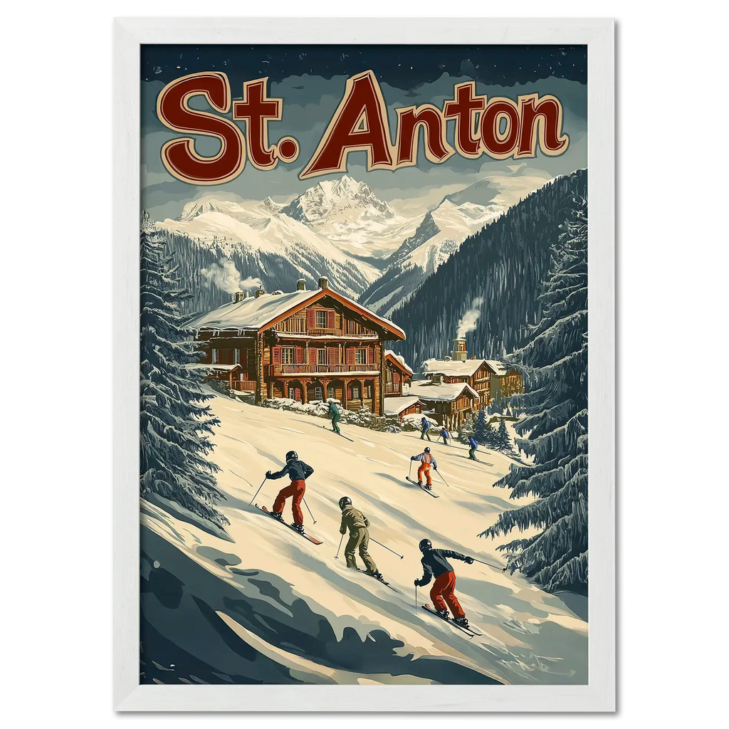 St. Anton Escape - Poster featuring skiers on a snowy slope near wooden chalets and mountains.