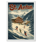 St. Anton Escape - Poster featuring skiers on a snowy slope near wooden chalets and mountains.