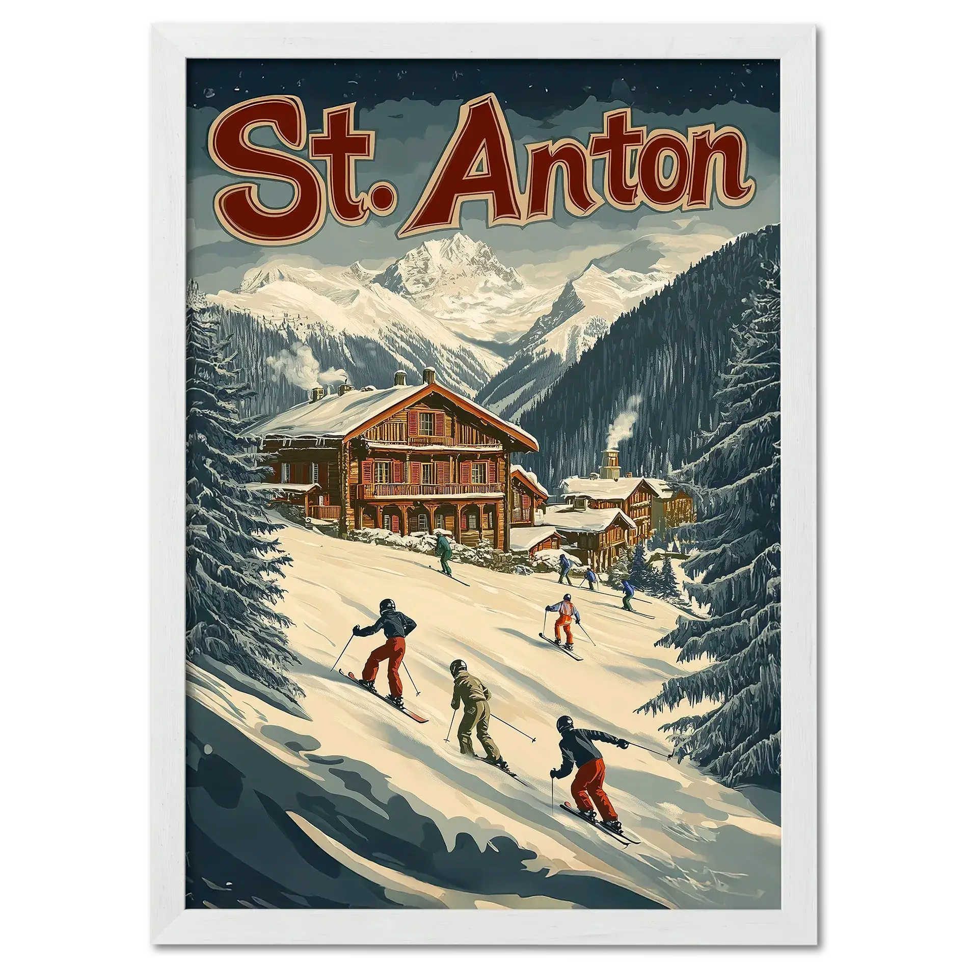 St. Anton Escape - Poster featuring skiers on a snowy slope near wooden chalets and mountains.