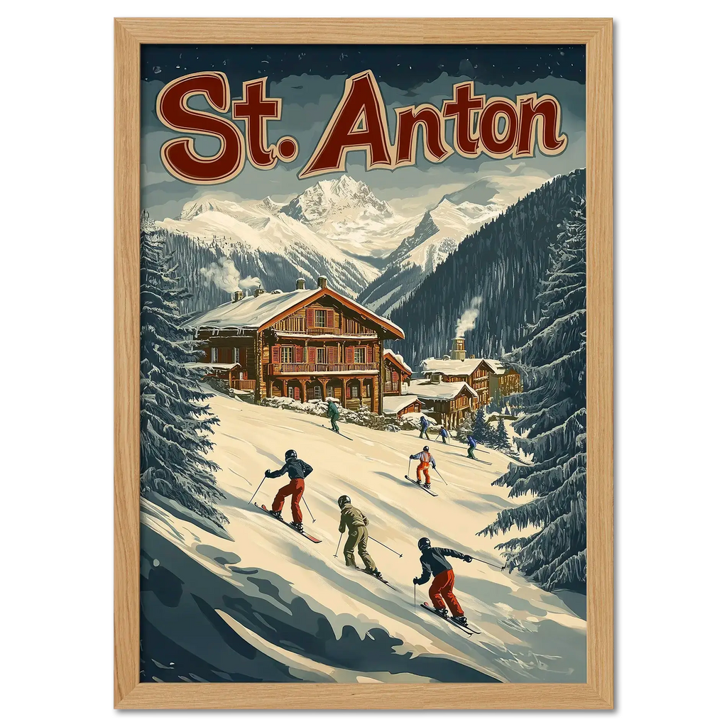 St. Anton Escape - Poster featuring skiers on a snowy slope with chalets and mountains in the background.