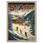St. Anton Escape - Poster featuring skiers on a snowy slope with chalets and mountains in the background.