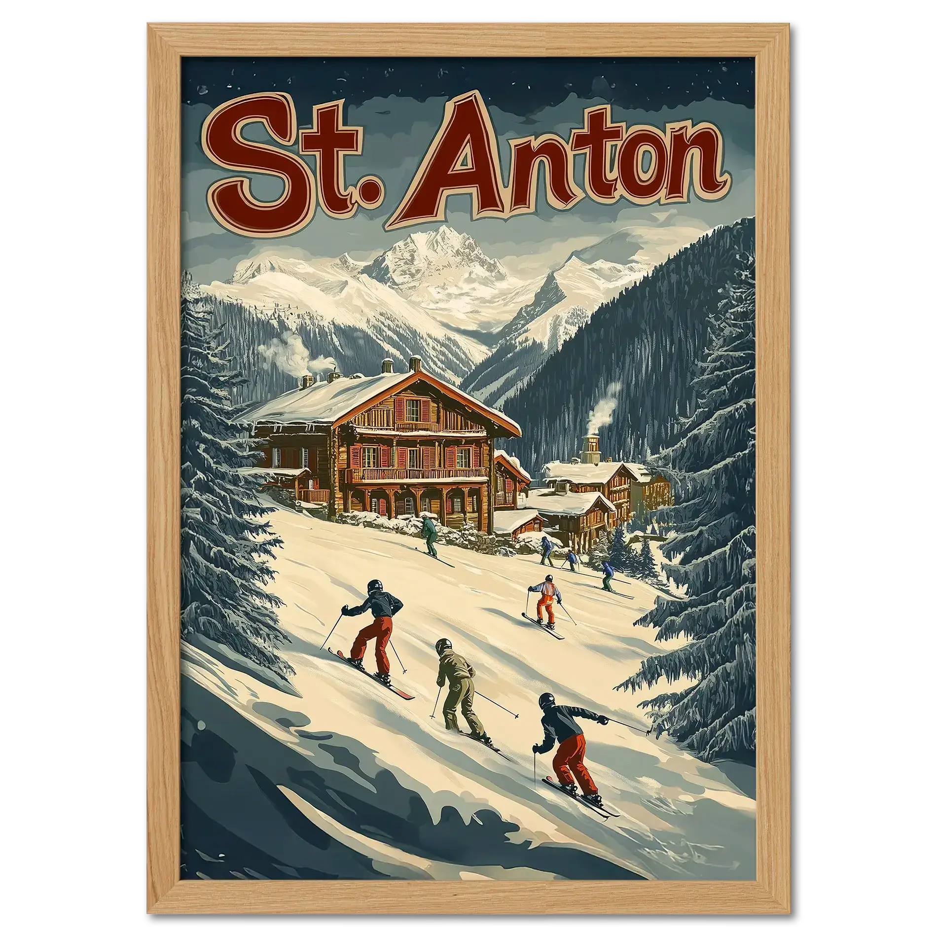 St. Anton Escape - Poster featuring skiers on a snowy slope with chalets and mountains in the background.