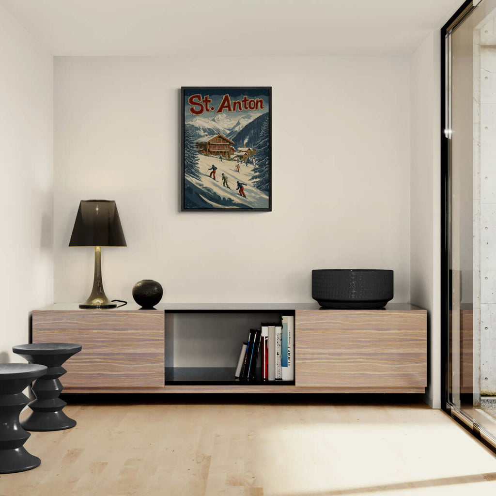 St. Anton Escape - Poster displayed in a modern living room, featuring skiers and alpine charm.