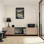 St. Anton Escape - Poster displayed in a modern living room, featuring skiers and alpine charm.