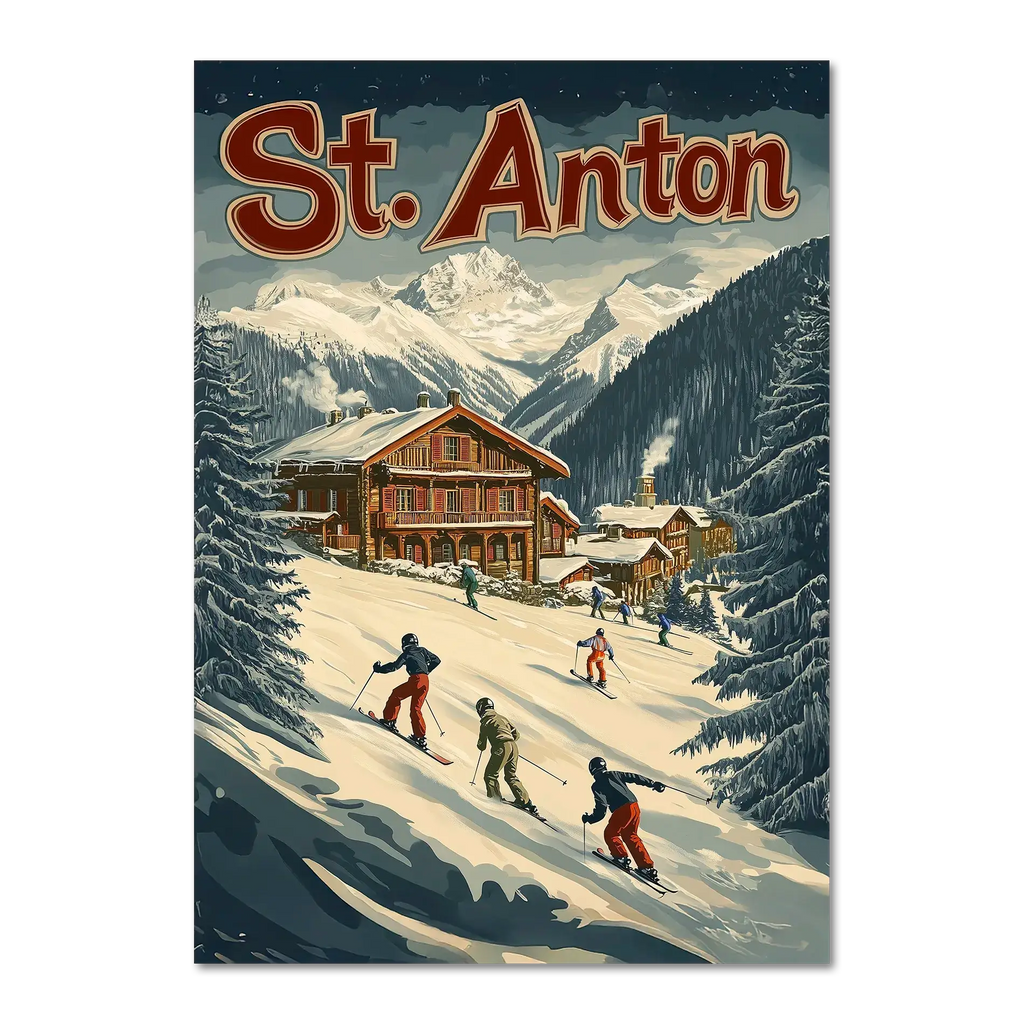St. Anton Escape - Poster featuring skiers on a snowy slope with chalets and mountains, embodying alpine charm.