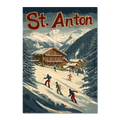 St. Anton Escape - Poster featuring skiers on a snowy slope with chalets and mountains, embodying alpine charm.