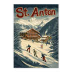 St. Anton Escape - Poster featuring skiers on a snowy slope with chalets and mountains, embodying alpine charm.