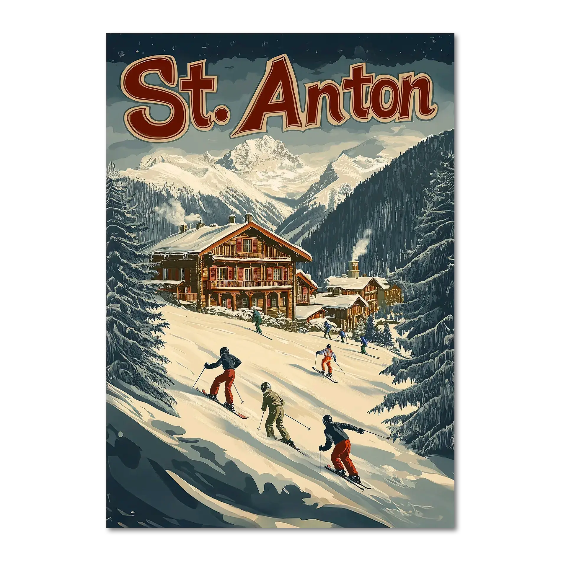 St. Anton Escape - Poster featuring skiers on a snowy slope with chalets and mountains, embodying alpine charm.