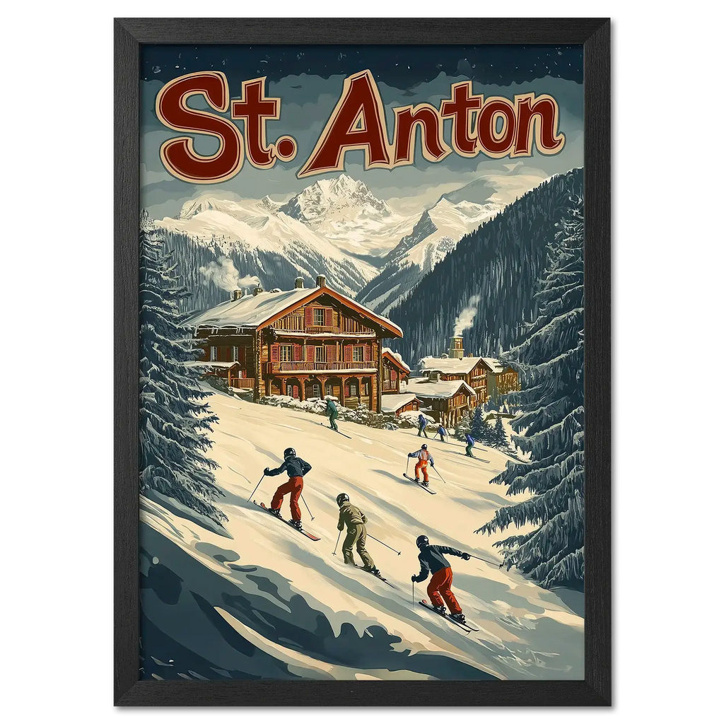 St. Anton Escape - Poster featuring skiers on snowy slope with chalets and mountains in the background.