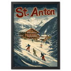 St. Anton Escape - Poster featuring skiers on snowy slope with chalets and mountains in the background.