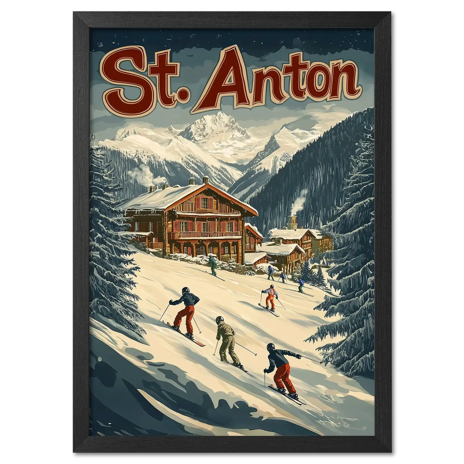 St. Anton Escape - Poster featuring skiers on snowy slope with chalets and mountains in the background.