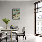 St. Anton - Skiers’ Paradise - Poster displayed in a modern room, showcasing skiers and alpine scenery.