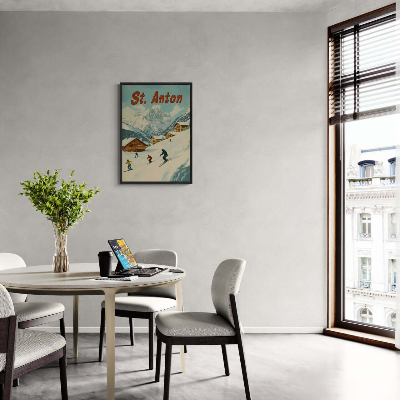 St. Anton - Skiers’ Paradise - Poster displayed in a modern room, showcasing skiers and alpine scenery.