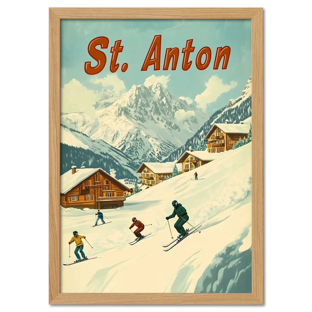 St. Anton - Skiers’ Paradise - Poster featuring skiers on a snowy slope with alpine chalets and mountain peaks.