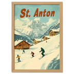 St. Anton - Skiers’ Paradise - Poster featuring skiers on a snowy slope with alpine chalets and mountain peaks.