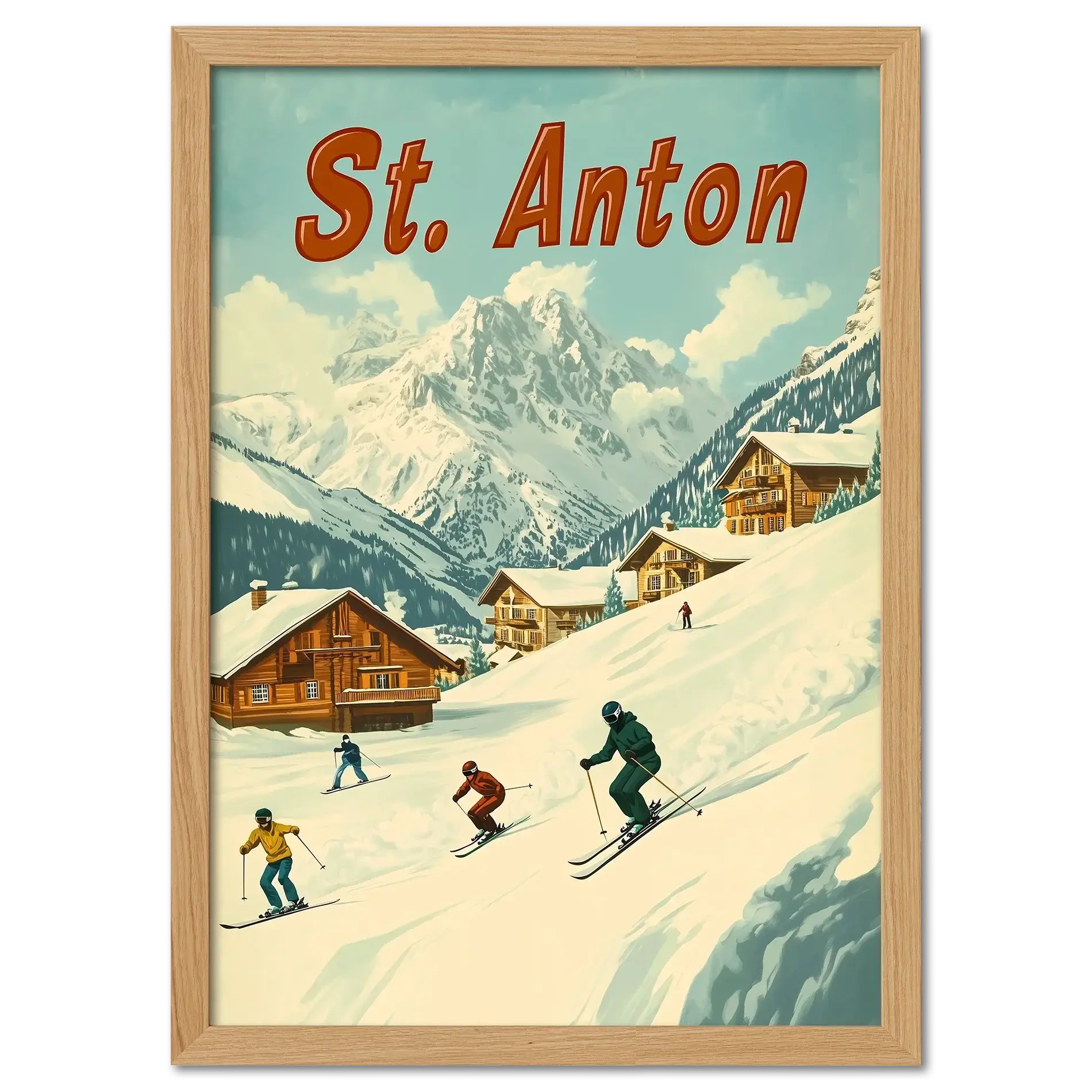 St. Anton - Skiers’ Paradise - Poster featuring skiers on a snowy slope with alpine chalets and mountain peaks.