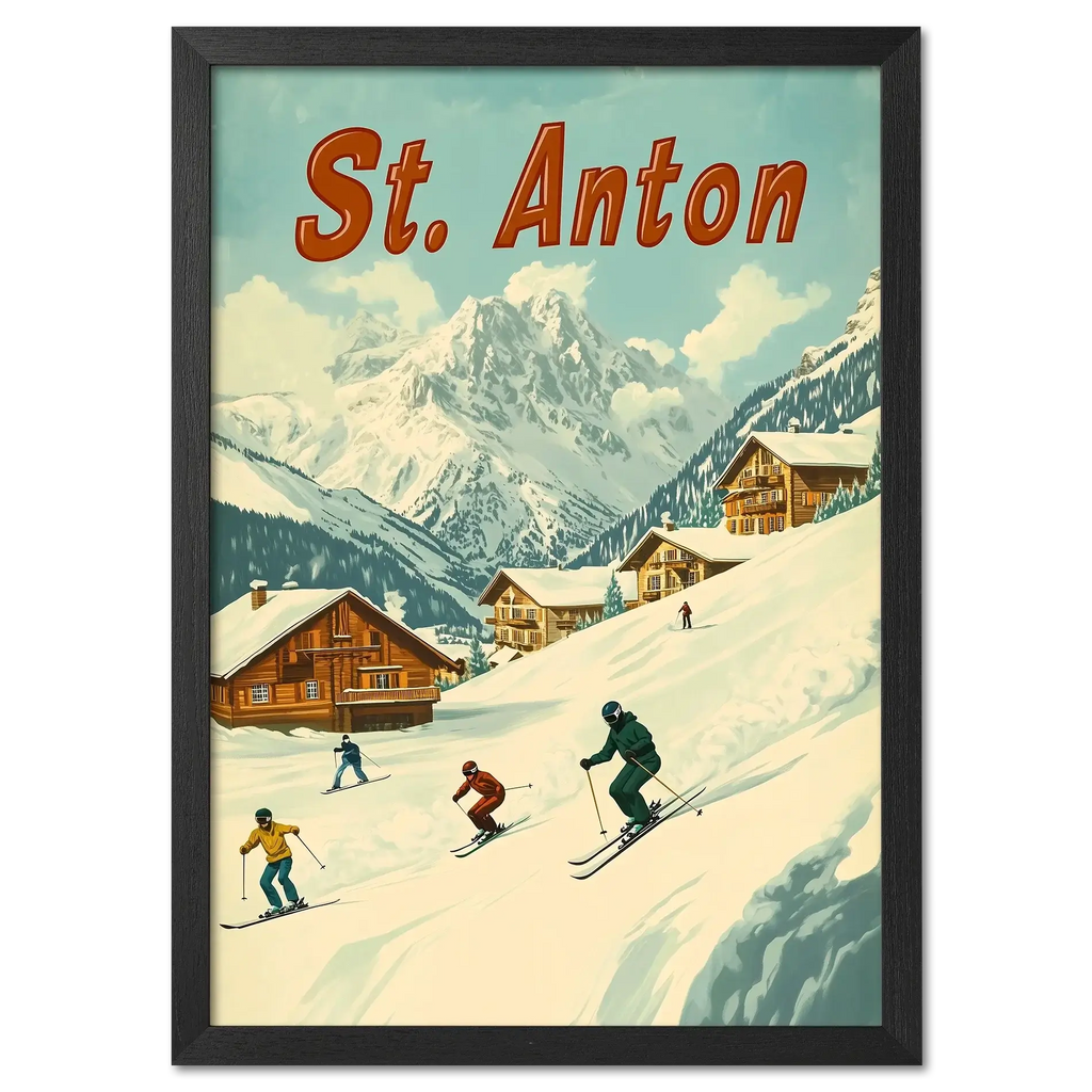 St. Anton - Skiers’ Paradise - Poster featuring skiers and alpine chalets against snowy mountain backdrop.