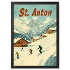 St. Anton - Skiers’ Paradise - Poster featuring skiers and alpine chalets against snowy mountain backdrop.