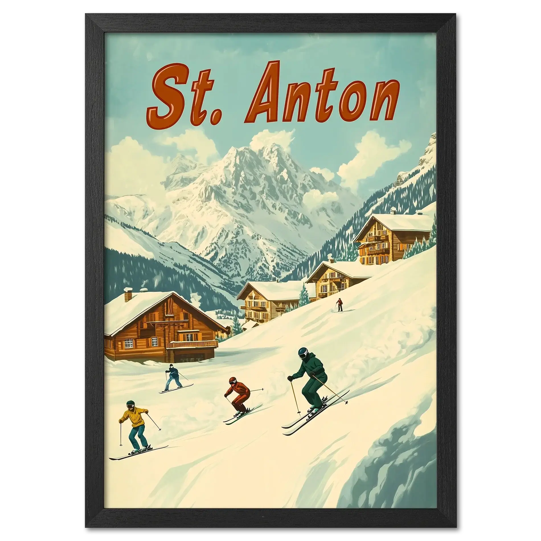 St. Anton - Skiers’ Paradise - Poster featuring skiers and alpine chalets against snowy mountain backdrop.