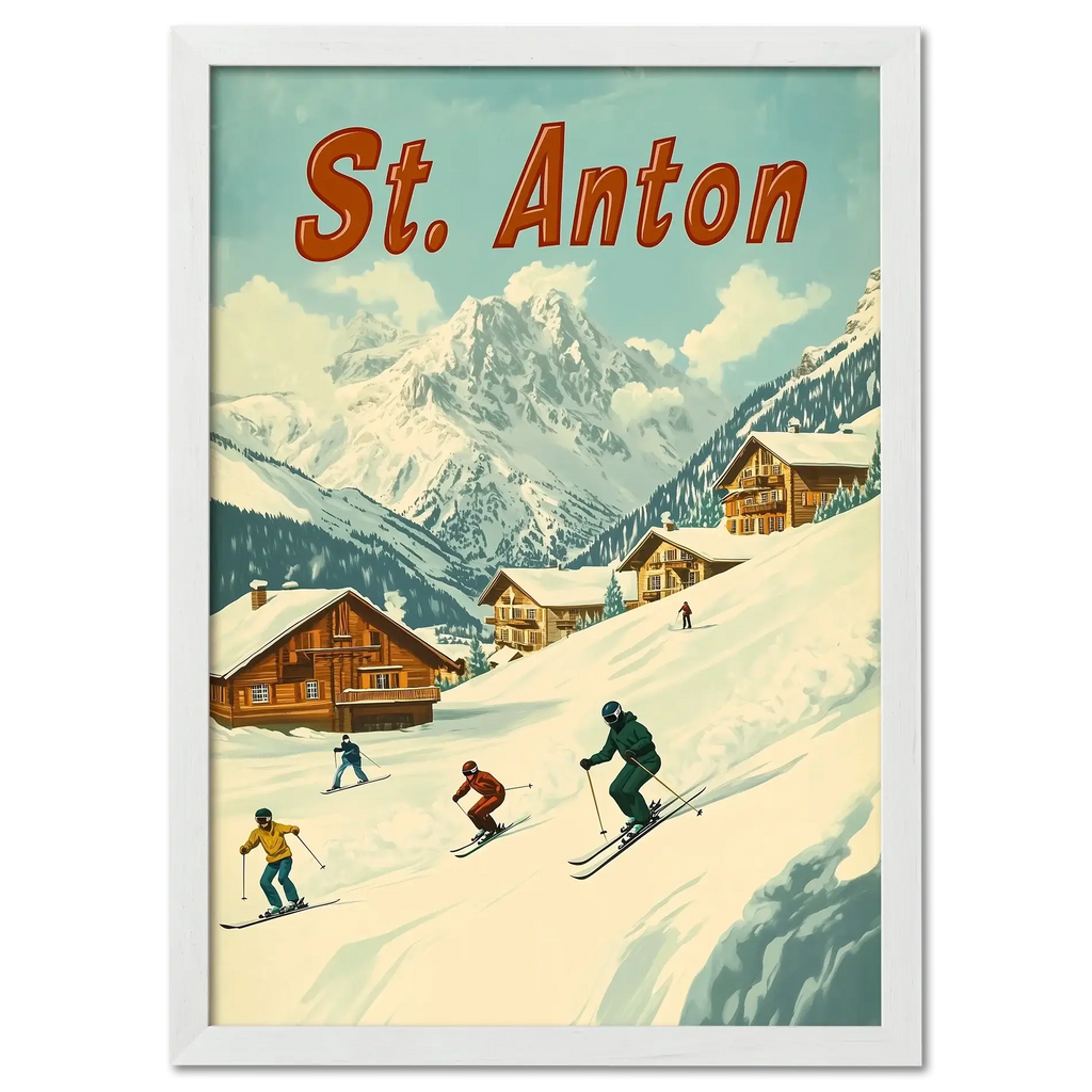 St. Anton - Skiers’ Paradise - Poster depicting skiers on a snowy slope with alpine chalets and mountains.