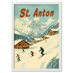 St. Anton - Skiers’ Paradise - Poster depicting skiers on a snowy slope with alpine chalets and mountains.