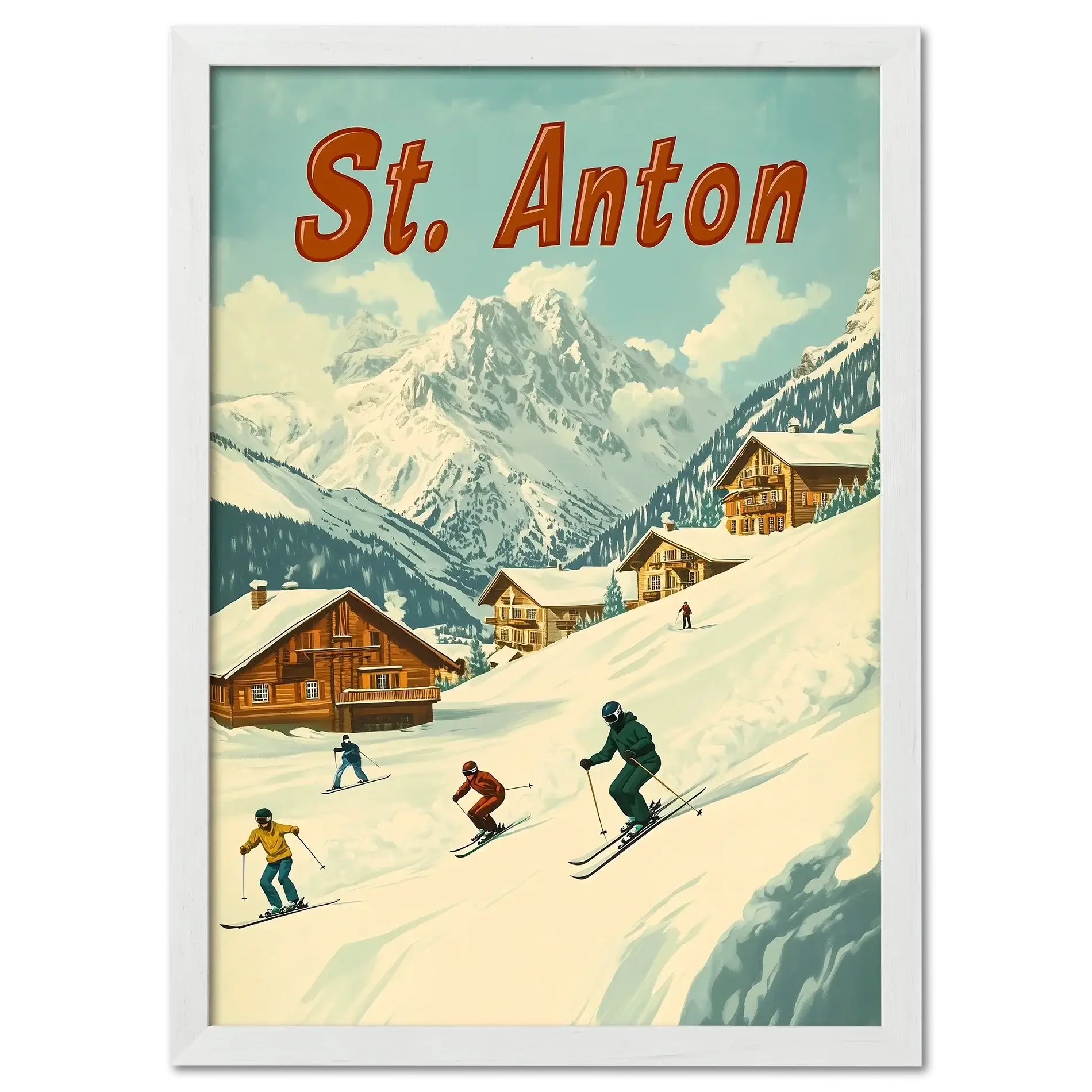 St. Anton - Skiers’ Paradise - Poster depicting skiers on a snowy slope with alpine chalets and mountains.