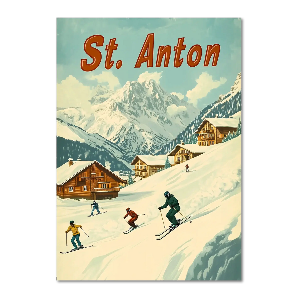St. Anton - Skiers’ Paradise - Poster featuring skiers on a snowy slope with alpine chalets and mountains.