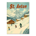 St. Anton - Skiers’ Paradise - Poster featuring skiers on a snowy slope with alpine chalets and mountains.