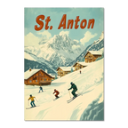St. Anton - Skiers’ Paradise - Poster featuring skiers on a snowy slope with alpine chalets and mountains.