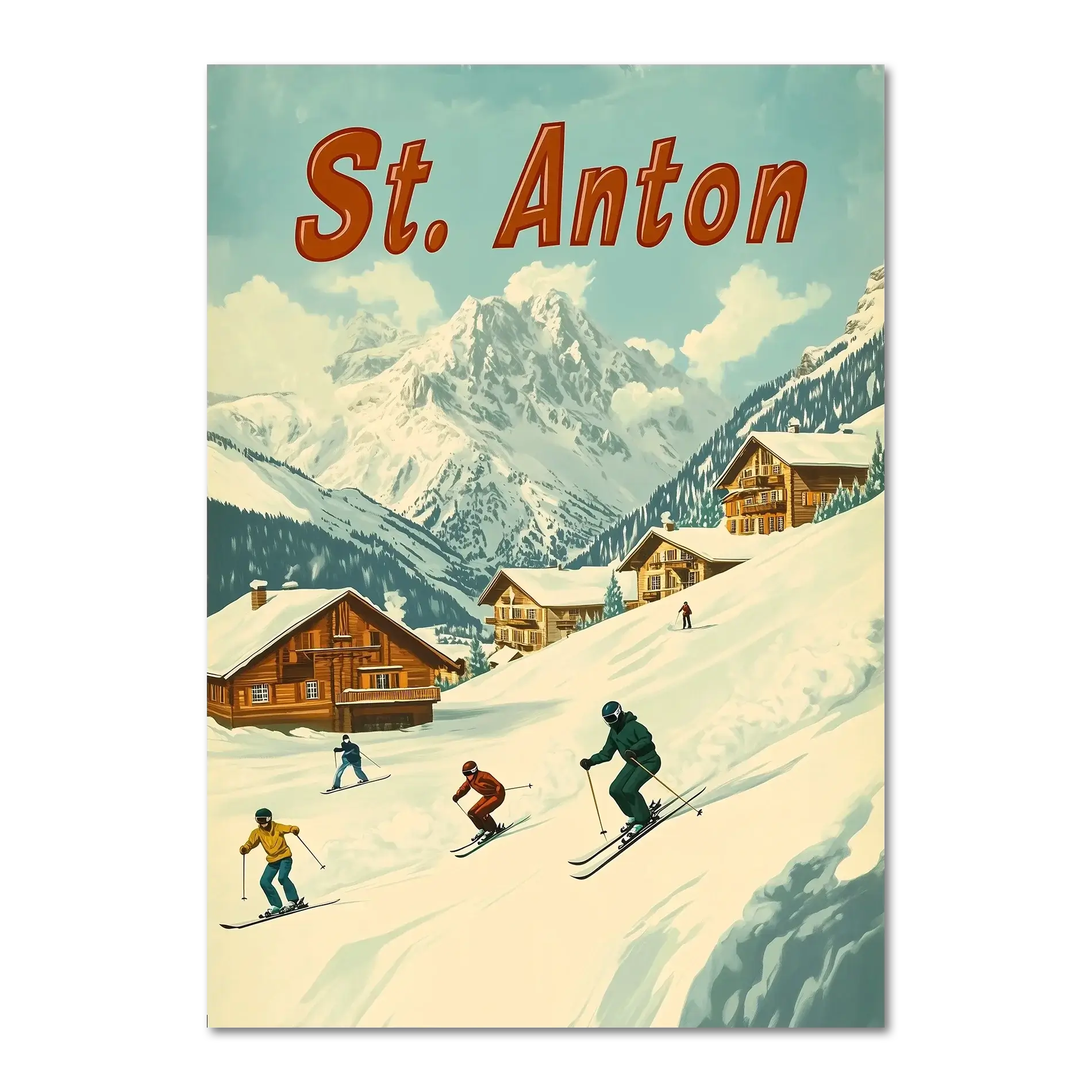 St. Anton - Skiers’ Paradise - Poster featuring skiers on a snowy slope with alpine chalets and mountains.