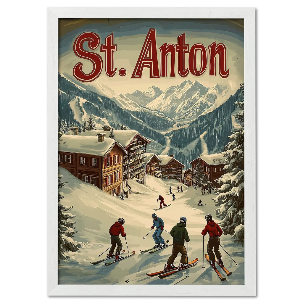St. Anton - Winter Charm - Poster showcasing skiers in a snowy village with alpine chalets and mountains.