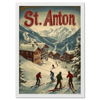 St. Anton - Winter Charm - Poster showcasing skiers in a snowy village with alpine chalets and mountains.
