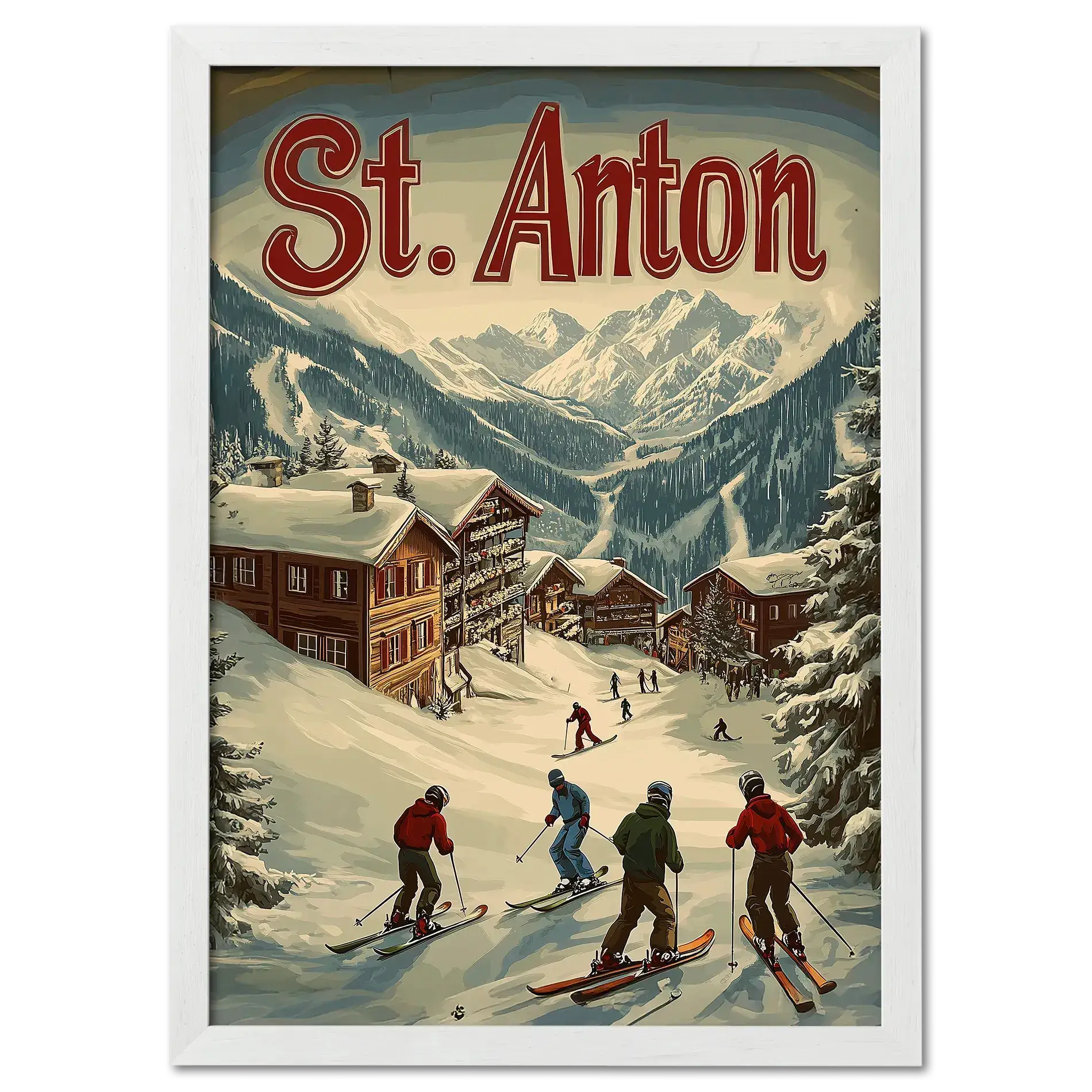 St. Anton - Winter Charm - Poster showcasing skiers in a snowy village with alpine chalets and mountains.